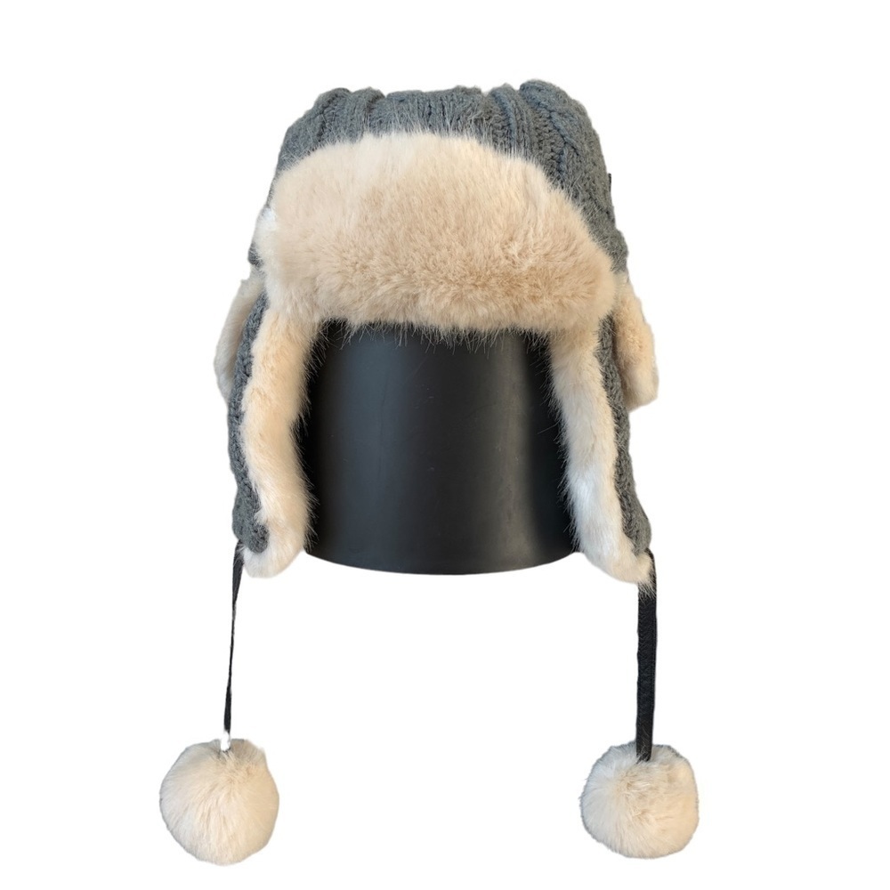 Barts Wool Cable Knit Faux Fur Trim Grey Bomber Hat Adjustable Pom Pom O/S - Picture 5 of 13